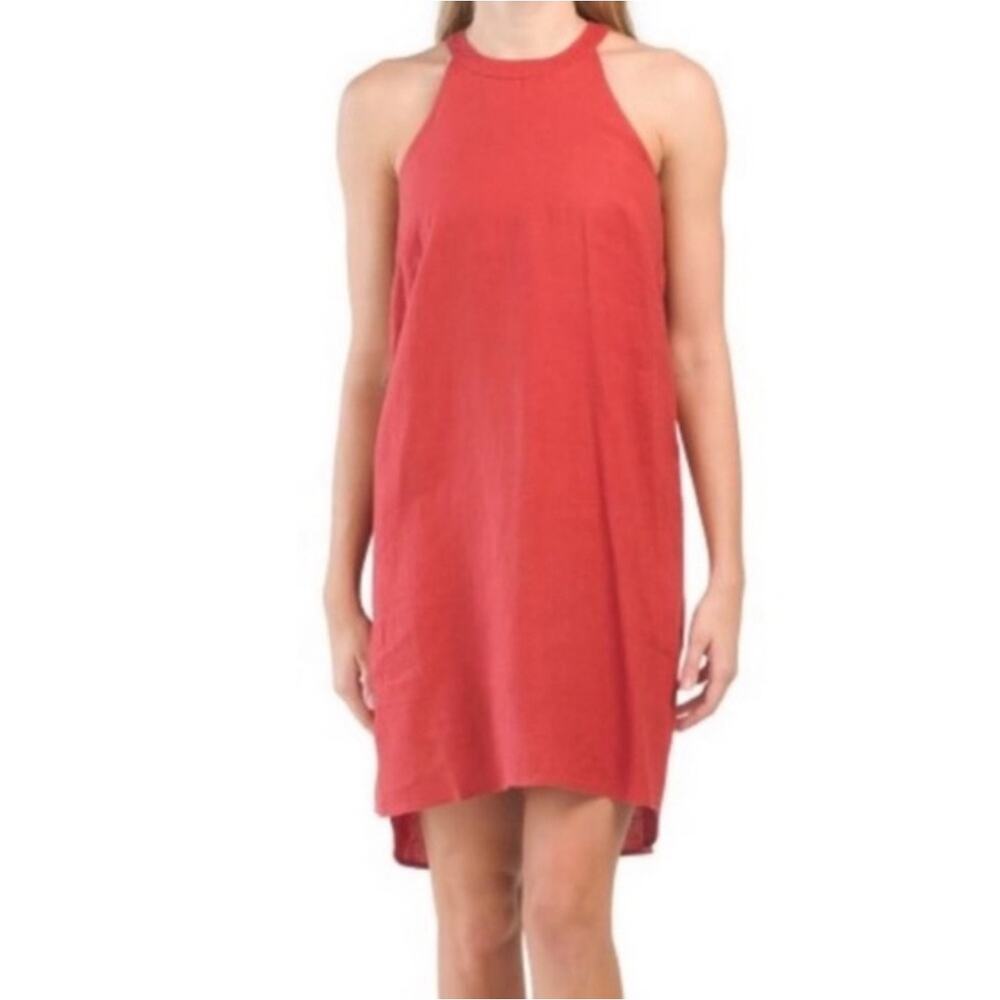 SIGRED OLSEN Dress Medium Linen Halter Peek A Boo Back Side Slits High Low Hem